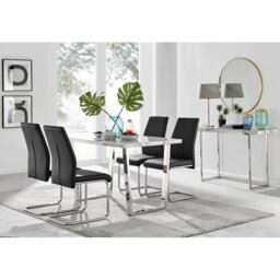 Kylooe Modern Marble Effect & Silver Metal Dining Table Set with 4 Upholstered Faux Leather Chairs