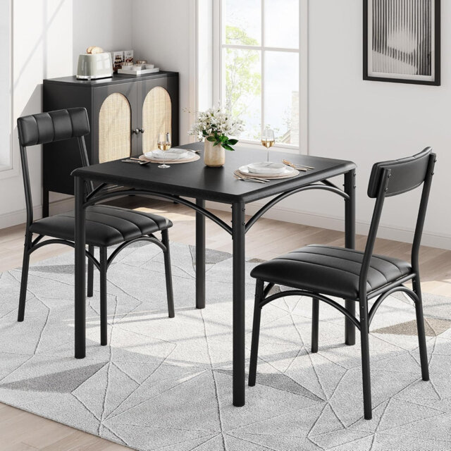 3-Piece Modern Dining Set for 2, Square Metal & Wood Table with Upholstered Chairs, Compact Apartment, Black