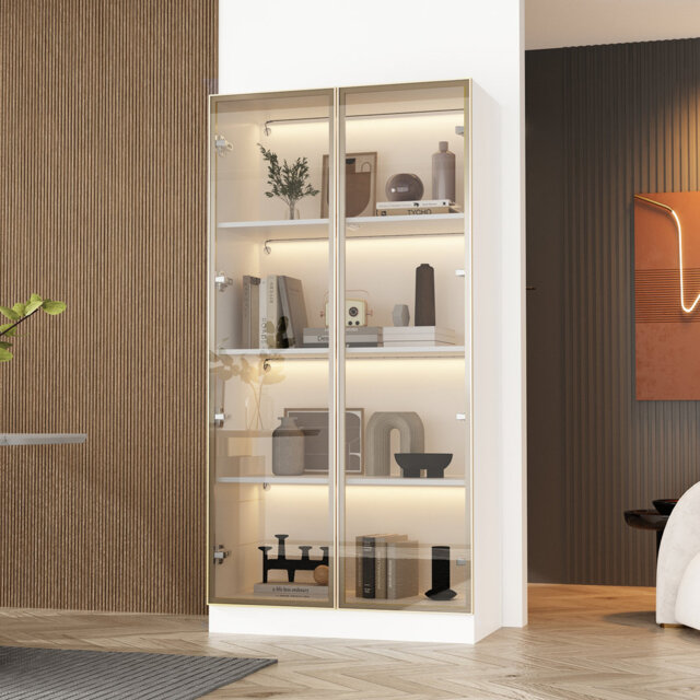 Display Cabinet with Glass Doors and Lights, Glass Display Cabinet with 4-Tier Storage Shelves, Pop-up Design, Trophy Case (80cm W x 40cm D x 160cm H)