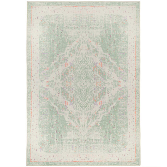 Machine Washable Pastel Green Traditional Medallion Distressed Living Room Area Rug
