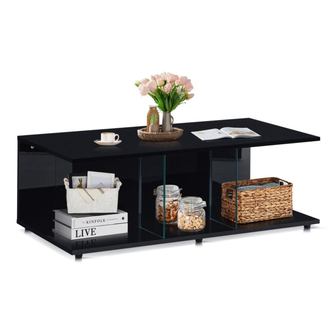 Coffee Table, 120X60x41cm Livingroom Table, High-Gloss Table With Glass Dividers,Black
