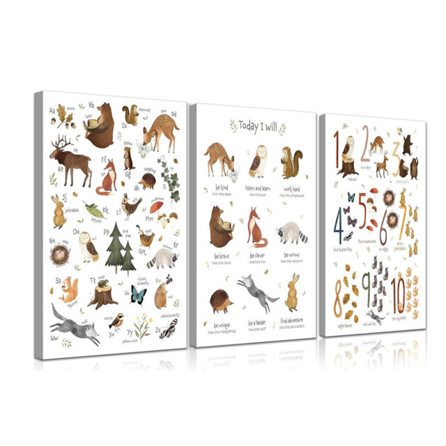 Animal Alphabet Numbers Wall Art Classroom Nursery Painting Wall Decor Educational ABC Poster Kids Playroom Picture Prints Positive Affirmations Anima