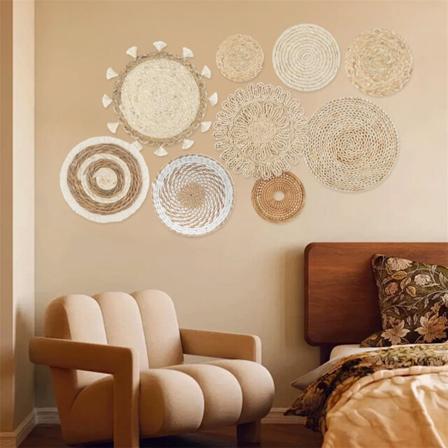 Boho Woven Wall Basket Set Of 9 Round Wicker Baskets For Wall Decoration, Living Room, Farmhouse, Children's Room