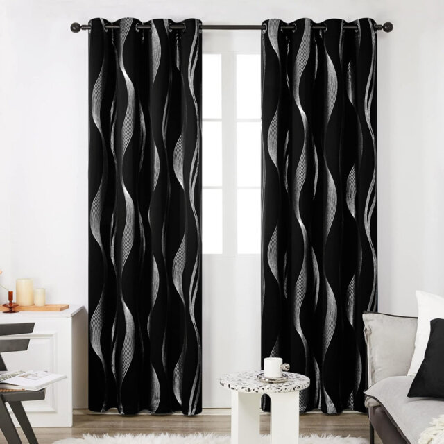 Black Curtains for Bedroom 66 x 72 Inch Foil Printed Wave Line Blackout Curtains Black 2 Panels
