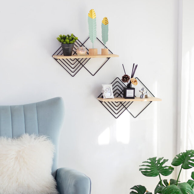 Wall Shelf Black Metal Shelf Set of 2 Modern Wall Shelfs Wall Décor Bedroom Wooden Floating Shelf