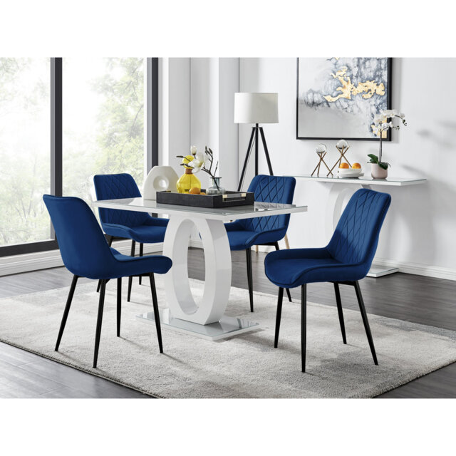 Scottsmoor Halo Dining Table Set In Modern High Gloss With 4 Luxury Velvet Dining Chairs