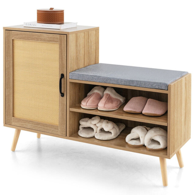 Rattan Shoe Cabinet 2-In-1 Shoe Storage Bench Shoe Rack Cabinet