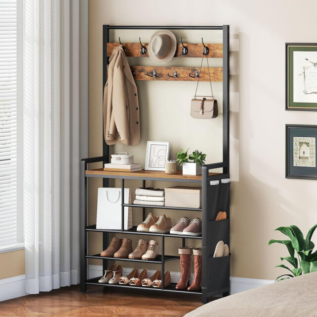 5 Tier Shoe Rack with Coat Rack, Shoe Storage Organizer Brown