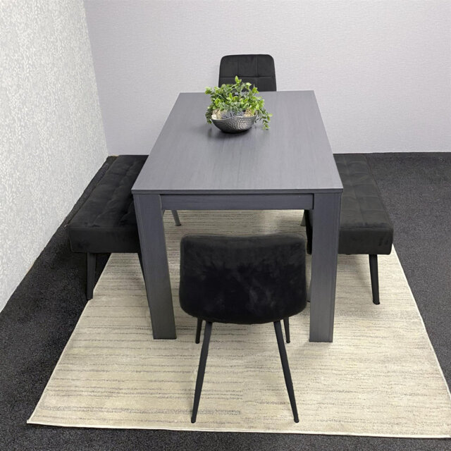 Dark Grey Arrow Design Wooden Dining Table with Black Velvet Chairs and 2 Velvet Benches