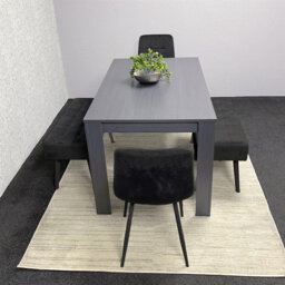 Dark Grey Arrow Design Wooden Dining Table with Black Velvet Chairs and 2 Velvet Benches