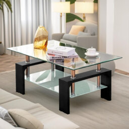 2 Tier Glass Table with Storage Shelf, Living Room Furniture