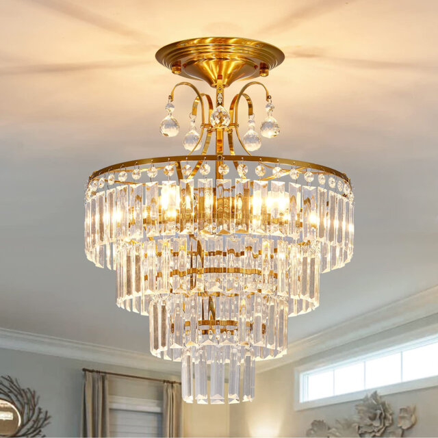 "15.35"" Modern Tiered Crystal Semi Flush Mount, 3 Finishes (Gold/Silver/Black), E14 Base, No Bulb"