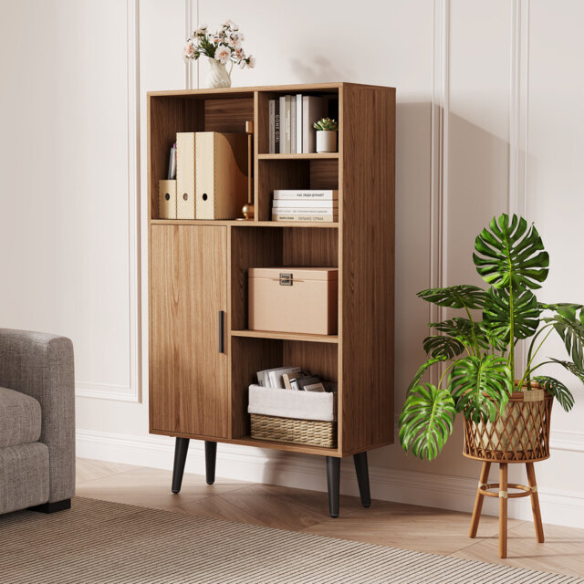 4 Tier Mid-Century Small Bookcase with Legs, Freestanding Wood Short Bookshelf with Door, Multi-Functional Walnut Cube Storage Organizer for Living Ro