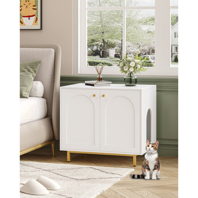 Cat Litter Box Enclosure, Hidden Litter Box Furniture with Double Doors, Wooden Pet House Side End Table, Tall Legs, 80 x 55 x 70 cm, Living Room, Bed