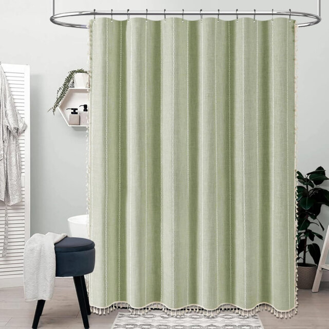 Sage Green 183 x 202 cm Drop Long Shower Curtain Striped Shower Curtains with 12 Plastic Hooks