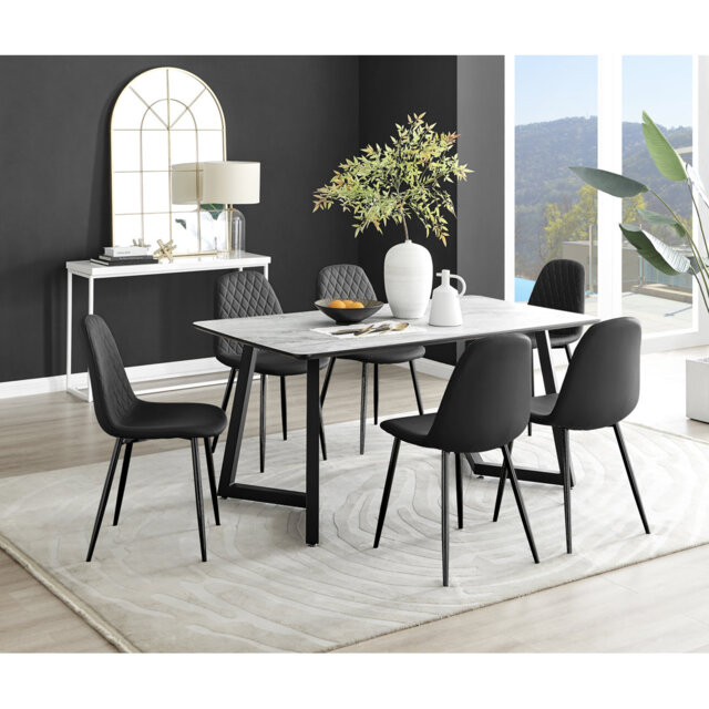 Industrial Design White & Grey Marble Effect Melamine Dining Table Set with 6 Faux Leather Chairs