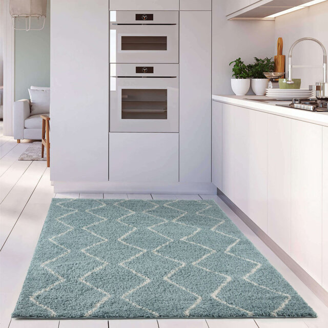 Moroccan Shaggy Collection Rugs Boho Design in Duck Egg Blue/Ivory
