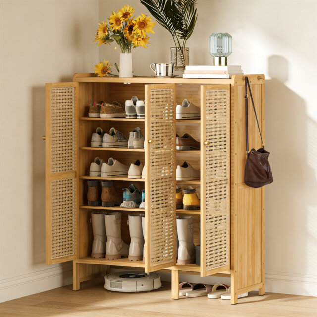 Bamboo 5-Tier Shoe Storage Cabinet With 3 Rattan Doors, Wooden Shoe Rack Organizer For Hallway & Entryway