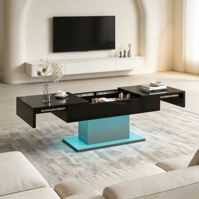 Budwin Sliding Top Storage Coffee Table with High Gloss Finish, Modern Living Room Table