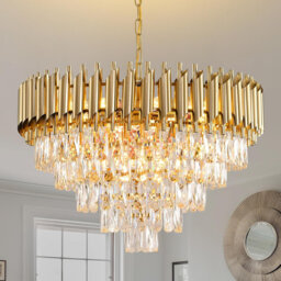 "23.6"" Luxury Brass Tiered Crystal Chandelier, Modern Round, E14 Base, Bulb Excluded"