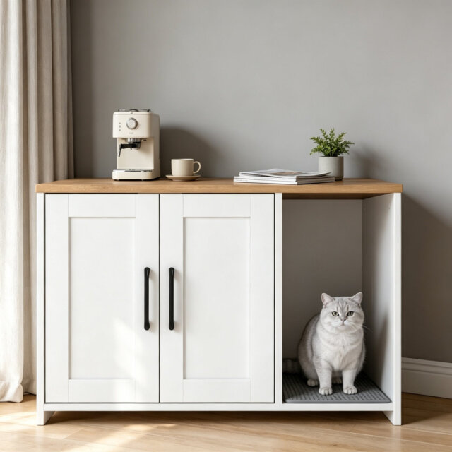 Wooden Hidden Cat Litter Box Enclosure Cabinet with 2 Doors, Cat Litter Cupboard Equipped with Scratching Mat, Indoor Pet Furniture