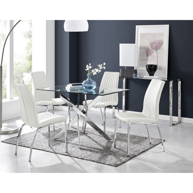 Lenworth Chrome and Glass Rectangular Dining Table Set with 4 Soft Touch Faux Leather Chairs