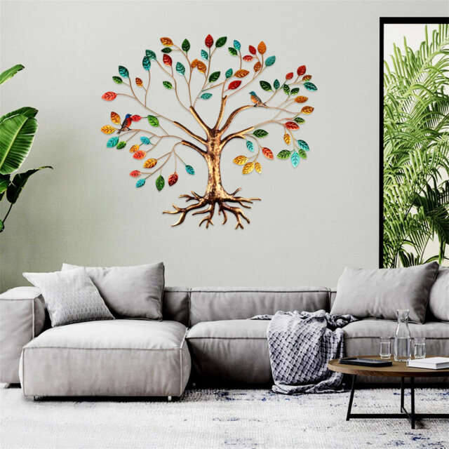 Tree Of Life Metal Wall Art Sculptur Metal Tree Of Life Wall Hanging With Colorful Leaves And Hummingbirds (55X66cm)