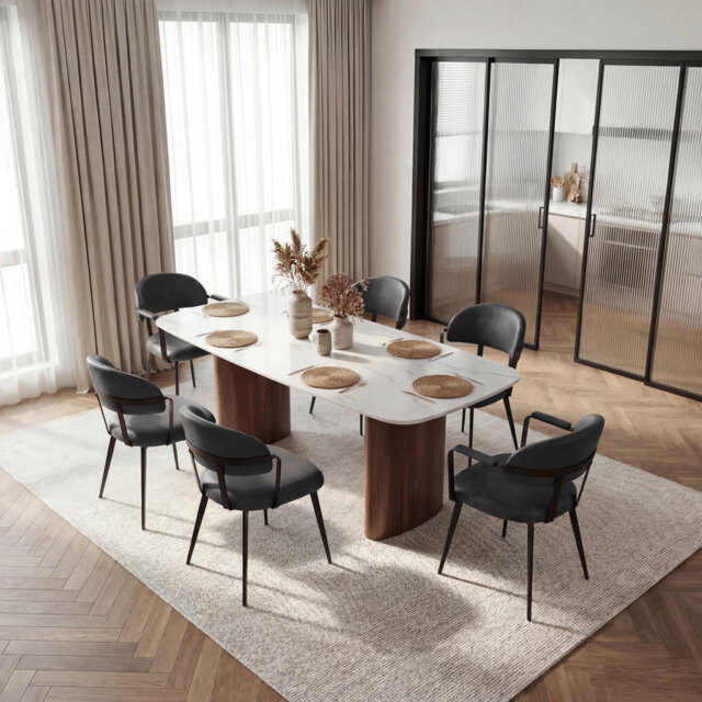 Windsor 6-Piece Dining Chair Set, 2 Armchairs & 4 Side Chairs, PU Upholstered, Metal Frame