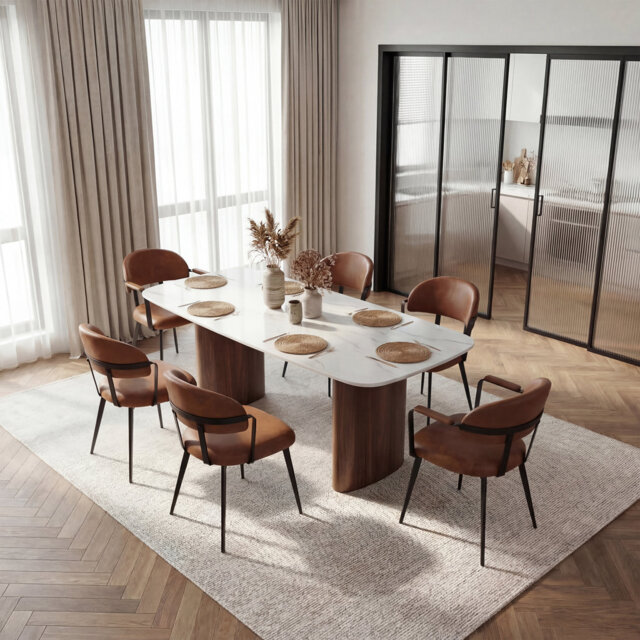 Windsor 6-Piece Dining Chair Set, 2 Armchairs & 4 Side Chairs, PU Upholstered, Metal Frame