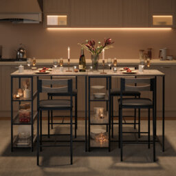 3-Piece Breakfast Bar Set – Steel Frame Dining Table with 3-Tier Open Storage Shelf + 2 PU Upholstered Bar Stools for Kitchen, Apartment, Small Spaces