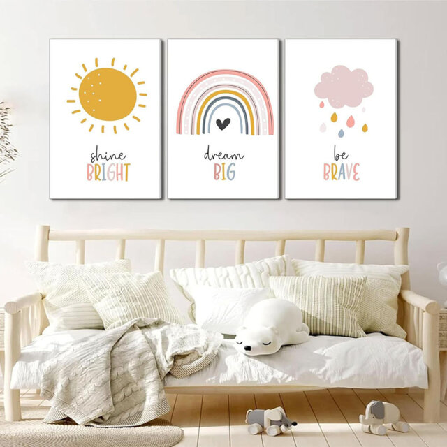 3 Pcs Boho Nursery Canvas Wall Art Dream Big Be Brave Shine Bright Bohemia Sun Rainbow Pictures Kids Wall Decor Poster Print Artwork For Bedroom Child