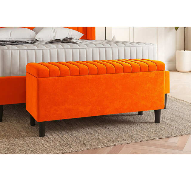 Plush Velvet Lined Upholstered Ottoman Storage Box with Wooden Legs