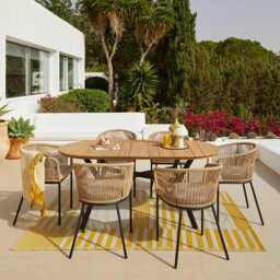 6 Seater Oval Wooden Garden Dining Set with 6 Rope Chairs