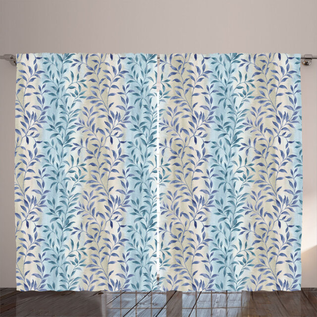Rustic curtain, painting look, leaves print, teal eggshell colors dark violet
