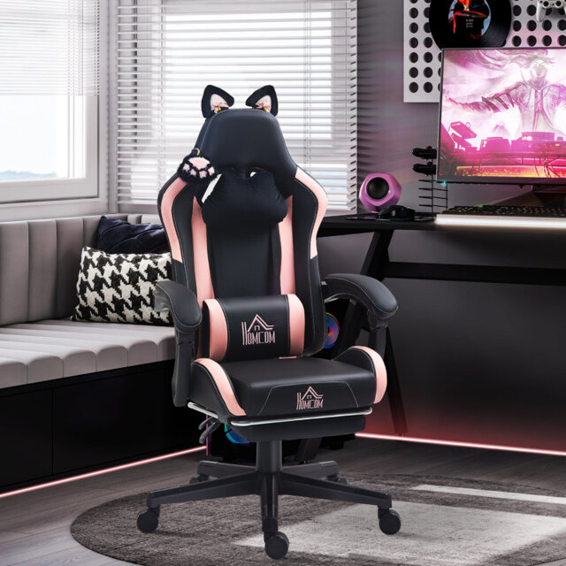 HOMCOM Gaming Chair for Adults with Cat Ears Footrest Headrest