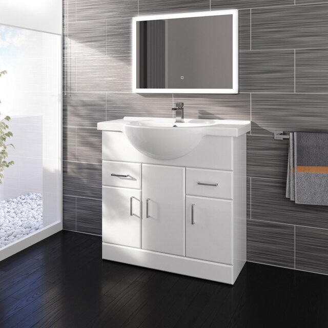 iBathUK 850mm White Gloss Basin Vanity Cabinet Bathroom Storage Furniture Sink Unit