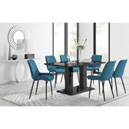 Edzard Double Pedestal High Gloss Dining Table Set with 6 Luxury Velvet Dining Chairs