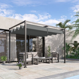 3x2m Wall Mounted Retractable Pergola, Garden Shelter Sun Shade Canopy With Metal Frame, Uv Resistant, Grey