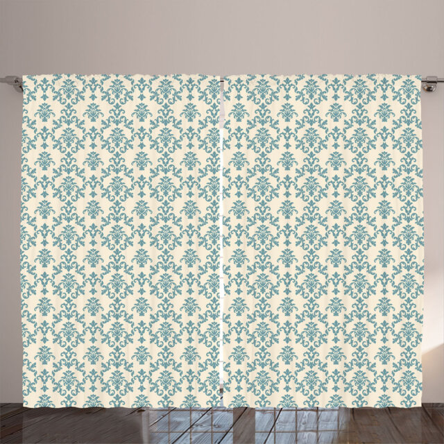 Rustic curtain, art nouveau swirling flowers, vintage, cream cadet blue