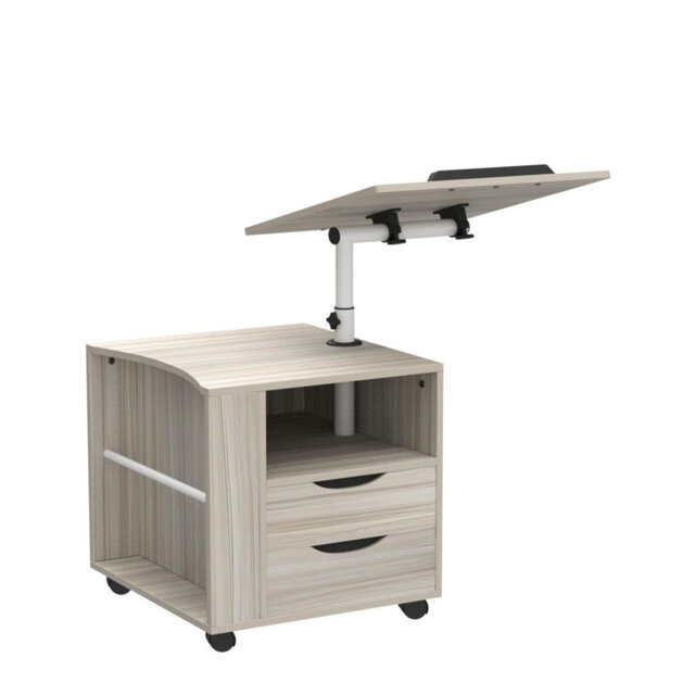 Functional Swivel Bedside Table Made of Adjustable Wood with Drawers, Wheels and Open Shelf (White Maple)