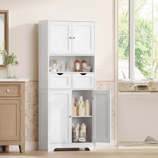 Bathroom Storage Cabinet, Freestanding Storage Unit With 4 Doors, 2 Drawers, 2 Adjustable Shelves, For Bathroom, Kitchen & Living Room, White