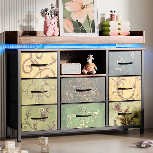 Fabric Chest Of Drawers Bedroom, 8 Drawers Dresser Cabinet With Metal Frame, Wide Dresser LED TV Stand With Power Outlets For Bedrooms, Living Rooms,