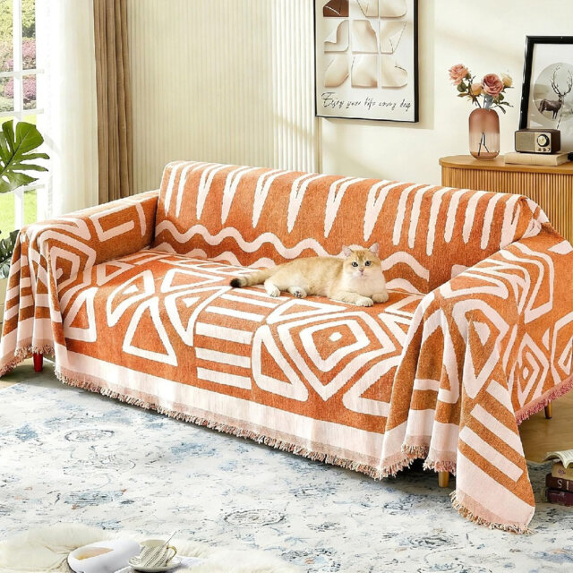 Boho Chenille 3 Cushion Sofa Cover Washable Reversible For L-Shape Sofa(Orange, 180 X 380 Cm)