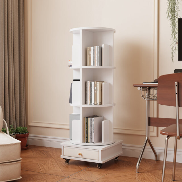 Rotating Bookshelf with Wheels 3 Layers Mobile Bookshelf with One Drawer Corner Bookcase Book Storage Shelf Wood Rotatable Bookshelf for Study Room Be