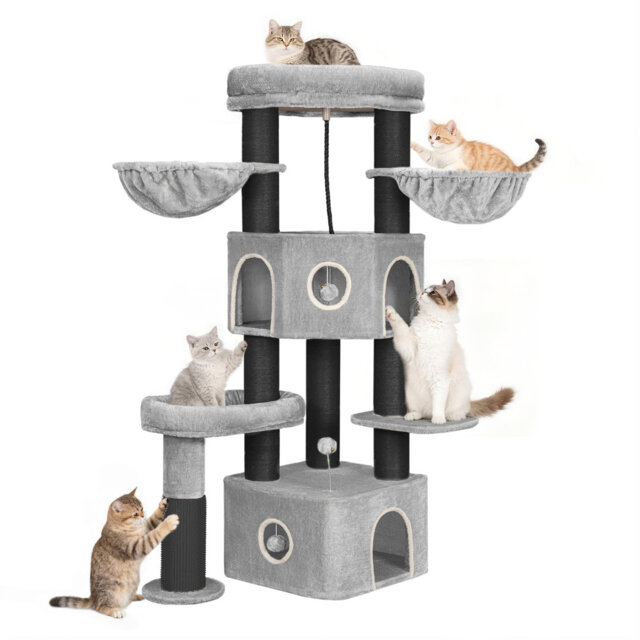163cm Cat Tree, Suitable for Large Cats, Multi-Layer Cat Furniture Activity Center, Cat House Cave, Scratching Post, Cat Bed, Pompom, Lookout