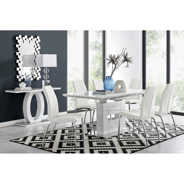 Alezzo Modern High Gloss Extendable Dining Table Set with 6 Soft Touch Faux Leather Dining Chairs