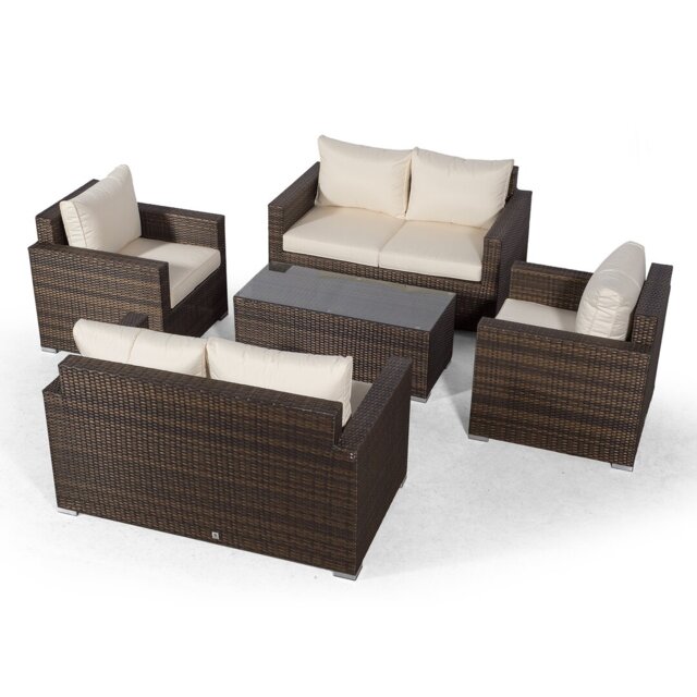 Villatoro Brown Rattan 2 X 2 Seat Sofa + 2 X Armchairs & Rectangle Coffee Table, Outdoor Patio Garden Furniture