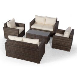 Villatoro Brown Rattan 2 X 2 Seat Sofa + 2 X Armchairs & Rectangle Coffee Table, Outdoor Patio Garden Furniture