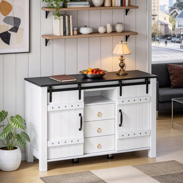 Sideboard Cabinet with Sliding Doors, Buffet Table with 3 Drawers, Wood Coffee Bar Storage for Kitchen Dining Room Living Room