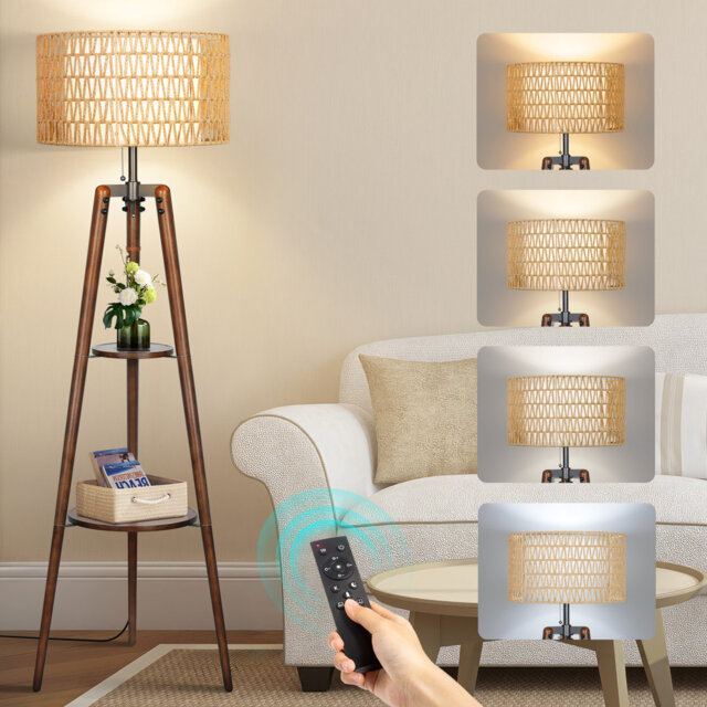 Tripod Floor Lamp with Rattan and Linen Shades, Remote Control, 2 Trays, Walnut Finish
